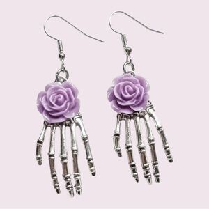 Rose Skeleton Hand Dangle Earrings – Purple Flower Gothic Halloween Jewelry​​
